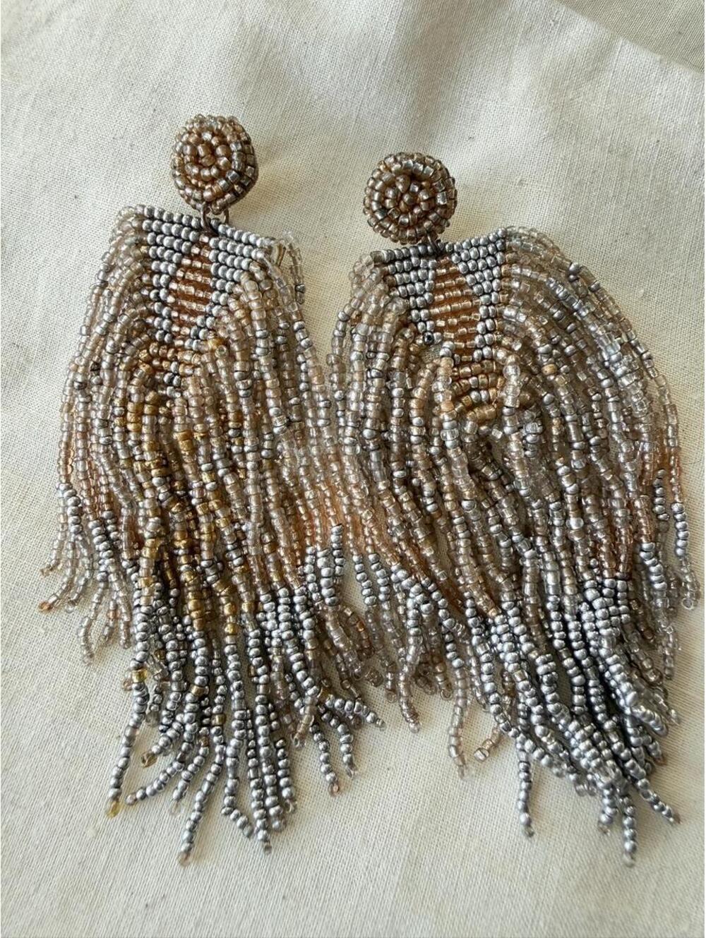 Metallic Seed Bead Fringe Statement Earrings Boho Glam